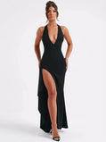 Deep V Neck Thigh High Split Maxi Dress Women Halter Sleeveless Backless Bodycon Club Party Sexy Long Dress New