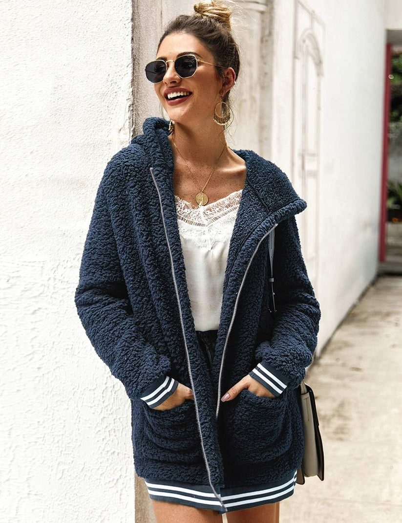 Cardigan for Women Oversized Fuzzy Fleece Long Sleeve Open Front Hooded Jacket Coat Winter Outwear with Pockets