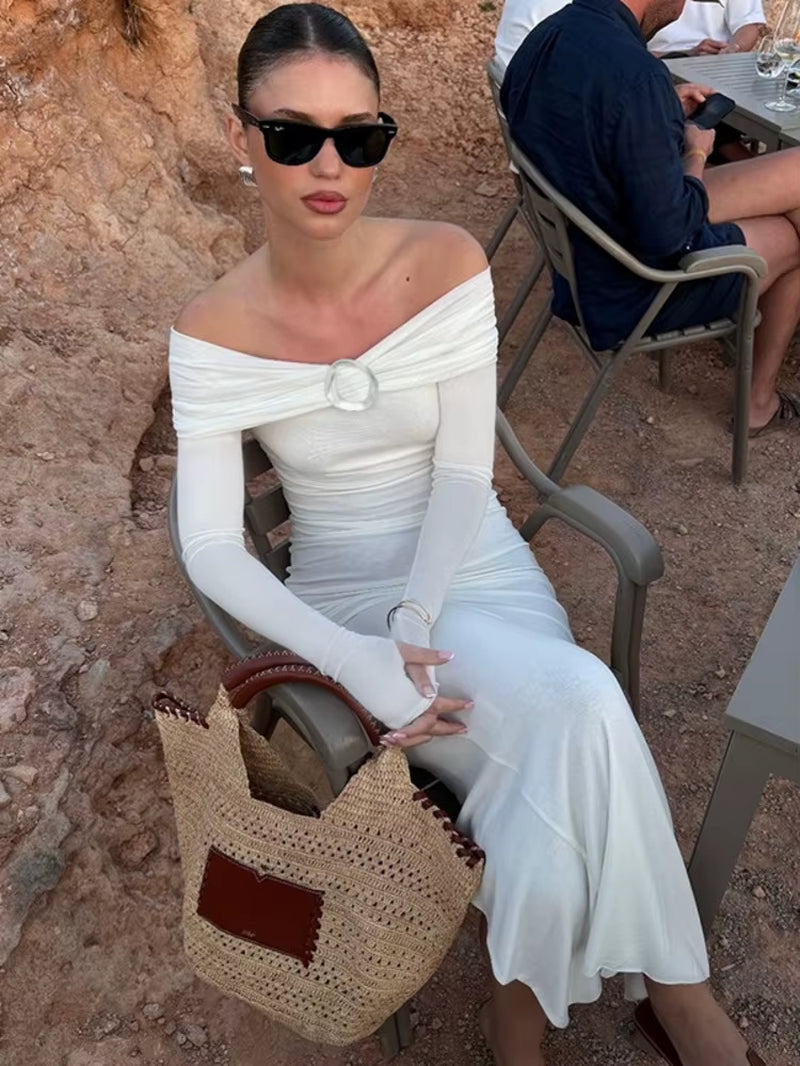 Off-Shoulder Long Sleeve Sexy Maxi Dress for Women Autumn New Strapless Backless Bodycon Elegant Club Party Long Dress