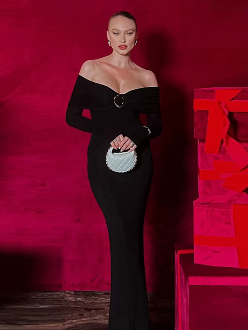 Off-Shoulder Long Sleeve Sexy Maxi Dress for Women Autumn New Strapless Backless Bodycon Elegant Club Party Long Dress