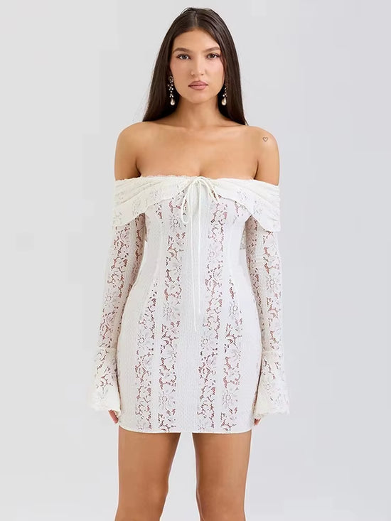 Floral Lace Off-Shoulder Maxi Dress for Women White Strapless Backless Long Sleeve Bodycon Club Party Sexy Long Dress Floral Lace Off-Shoulder Maxi Dress for Women White Strapless Backless Long Sleeve Bodycon Club Party Sexy Long Dress