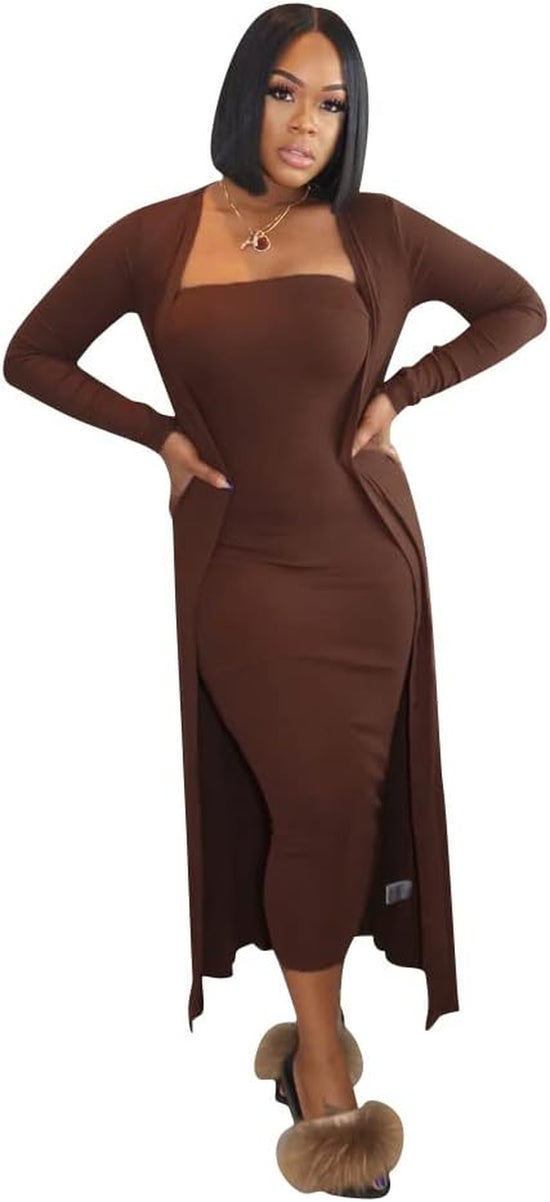 Two Piece for Women Sexy off the Shoulder Bodycon Midi Dresses with Long Cardigan Jackets Coffee Two Piece for Women Sexy off the Shoulder Bodycon Midi Dresses with Long Cardigan Jackets Coffee