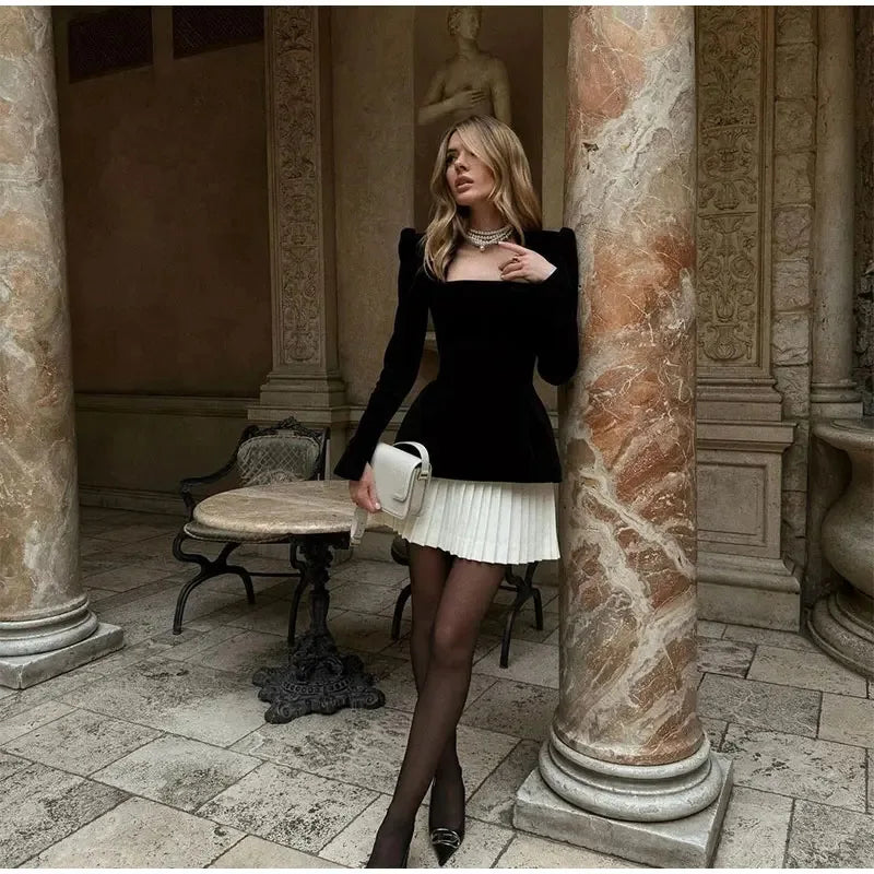 Velvet Spliced Mini Dress Women Square Neck Long Sleeve Gowns High Waist Elegant Dresses Autumn Winter Lady New Chic Party Dress