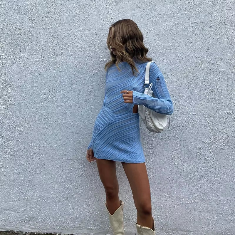 Sexy See through Party Dress Women Y2K Vestidos Knitted Beach Dress Solid Hollow Out Long Sleeve Female Bodycon Mini Dresses