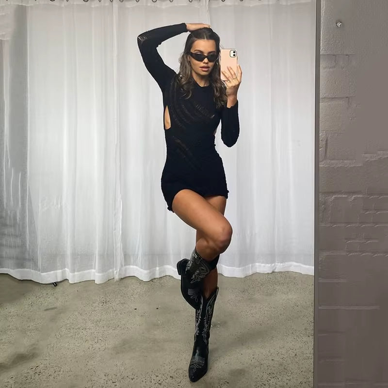 Sexy See through Party Dress Women Y2K Vestidos Knitted Beach Dress Solid Hollow Out Long Sleeve Female Bodycon Mini Dresses