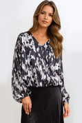 Black Animal Print V Neck Blouse-0