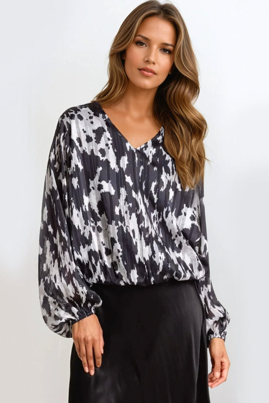 Black Animal Print V Neck Blouse-0 Black Animal Print V Neck Blouse-0
