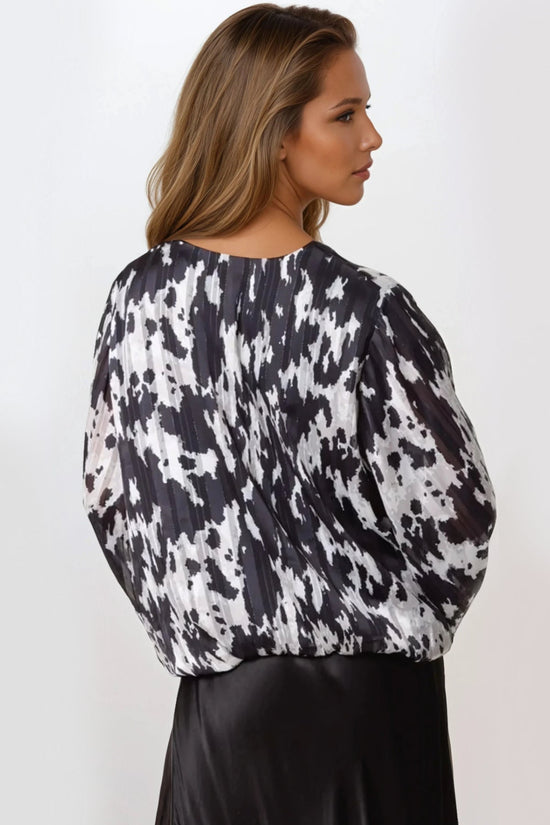 Black Animal Print V Neck Blouse-1 Black Animal Print V Neck Blouse-1