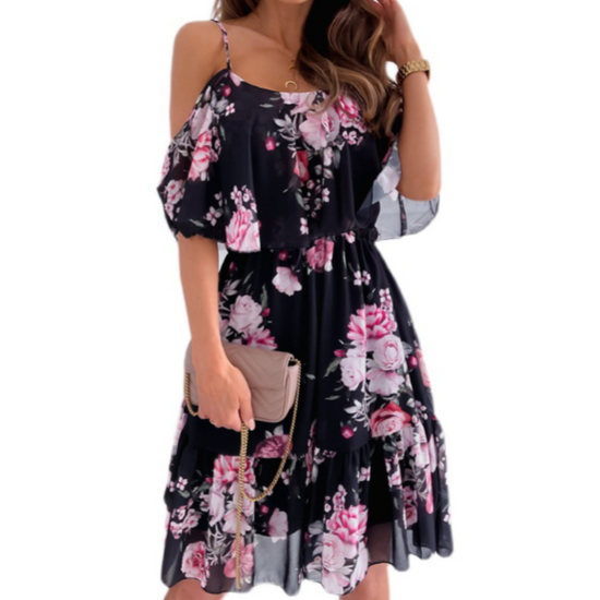 Women Cold Shoulder Ruffle Chiffon Beach Dress Women Cold Shoulder Ruffle Chiffon Beach Dress
