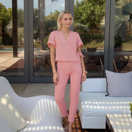 Women's Fringe Trim Gingham Wrap Blouse In Red Gingham-0 Women's Fringe Trim Gingham Wrap Blouse In Red Gingham-0