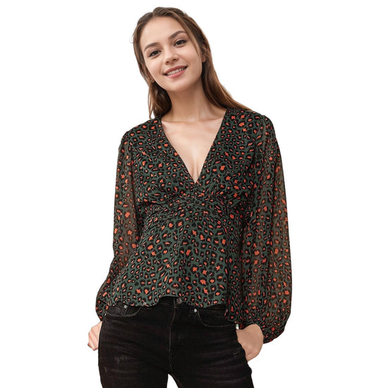 Women's V-neck Puff Sleeve Blouse in Leopard Hunt-1 Women's V-neck Puff Sleeve Blouse in Leopard Hunt-1
