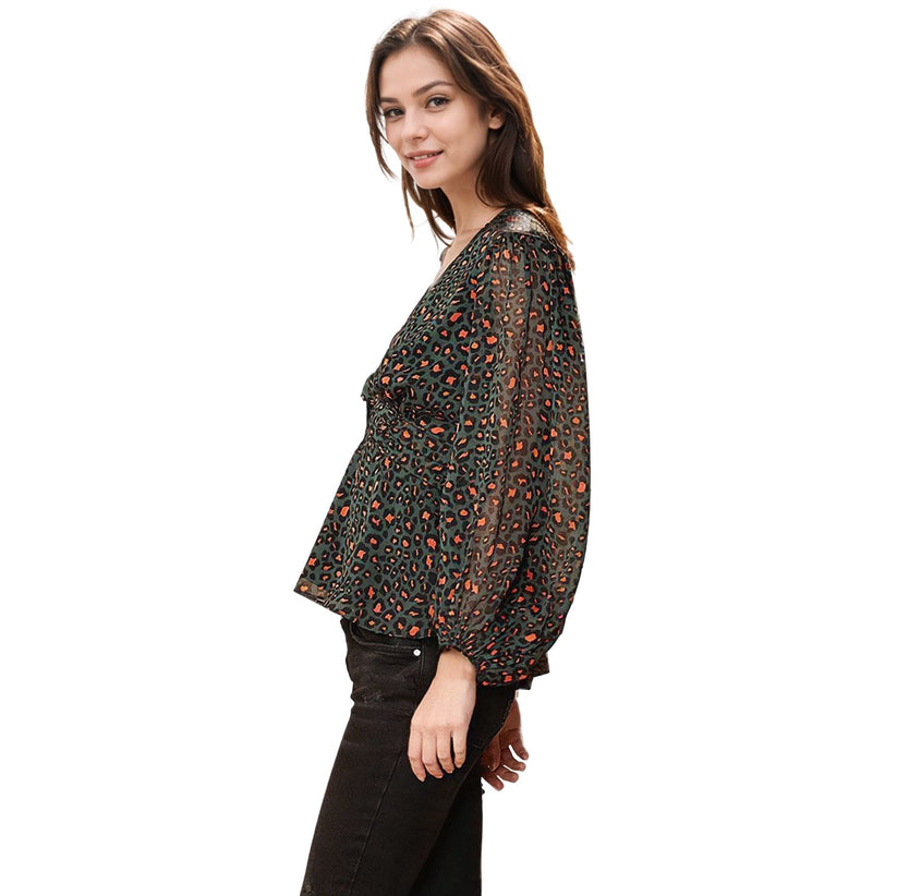 Women's V-neck Puff Sleeve Blouse in Leopard Hunt-2