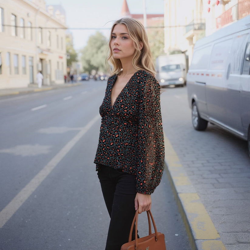 Women's V-neck Puff Sleeve Blouse in Leopard Hunt-0