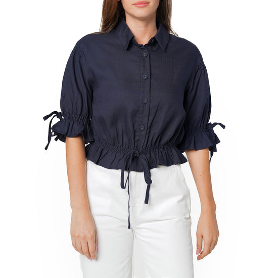 Women's Button Front Tie Hem Blouse in Navy-1 Women's Button Front Tie Hem Blouse in Navy-1