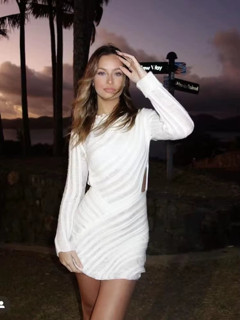 Sexy See through Party Dress Women Y2K Vestidos Knitted Beach Dress Solid Hollow Out Long Sleeve Female Bodycon Mini Dresses