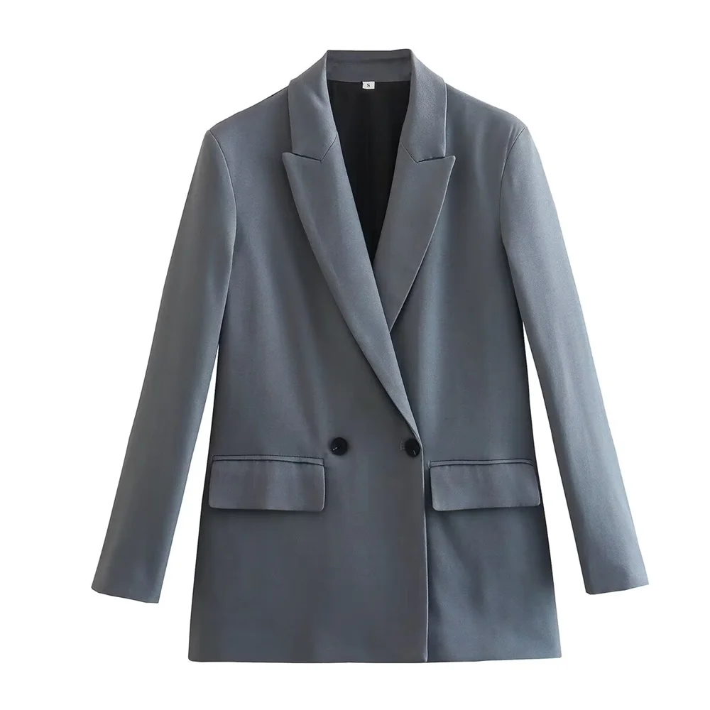 TRZA Women Fashion Double Breasted Loose Fitting Blazer Coat Vintage Long Sleeve Pockets Female Outerwear Chic Veste Femme