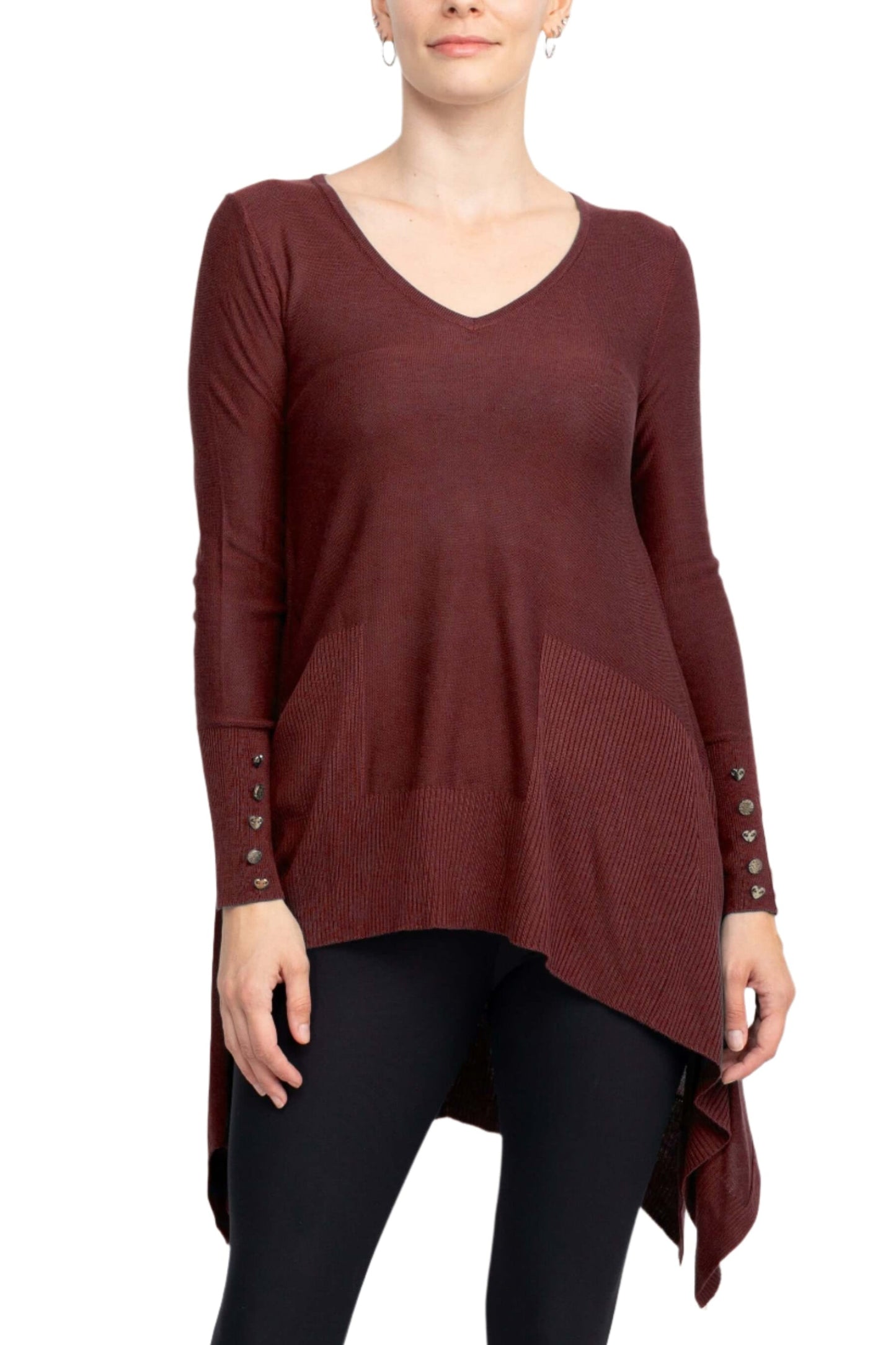 Cupio V-Neck Long Sleeve High Low Hem Knit Top-5