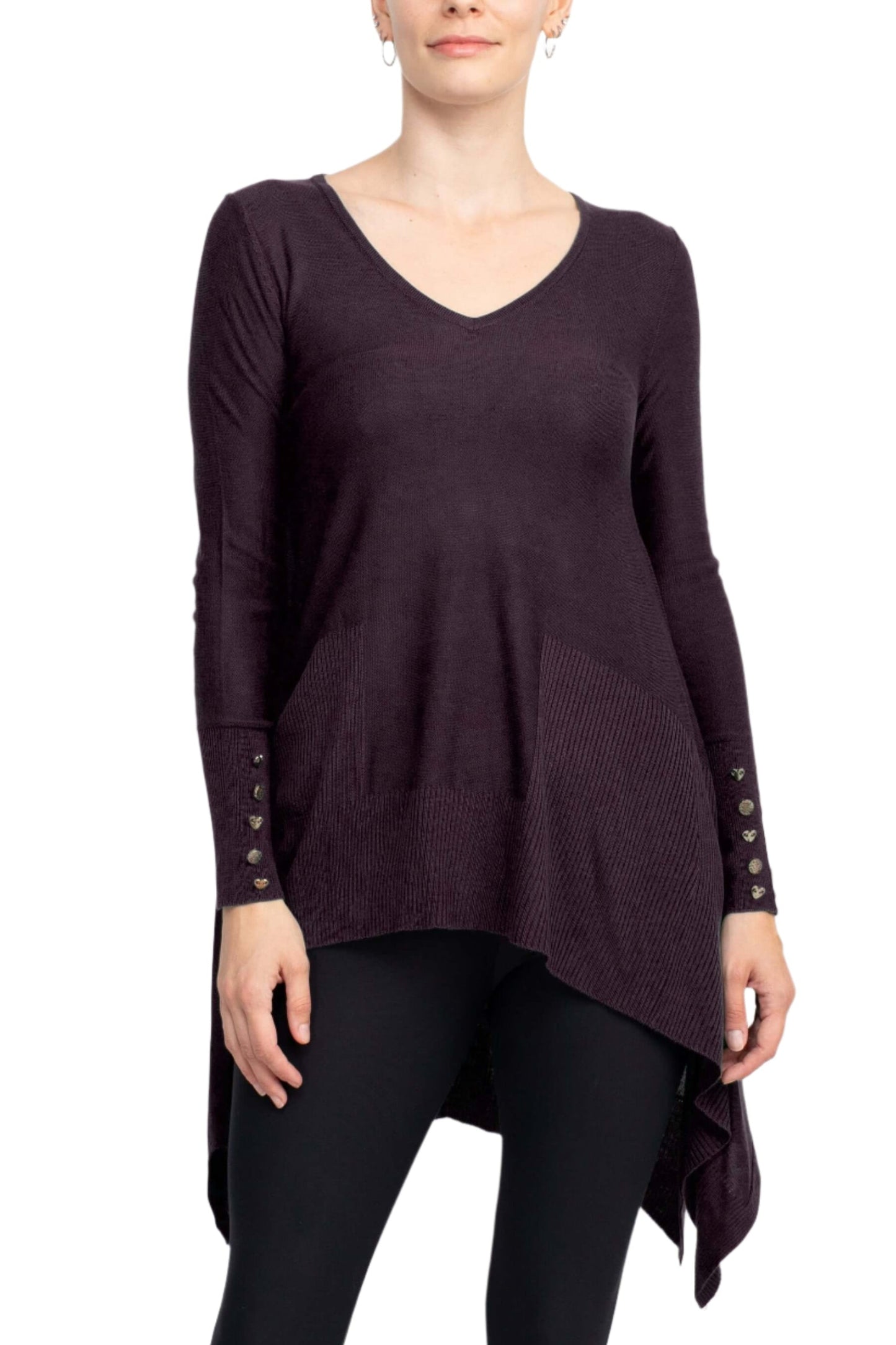Cupio V-Neck Long Sleeve High Low Hem Knit Top-0