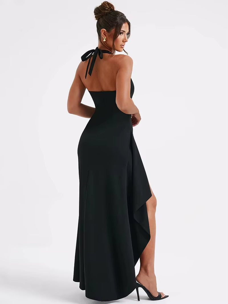Deep V Neck Thigh High Split Maxi Dress Women Halter Sleeveless Backless Bodycon Club Party Sexy Long Dress New