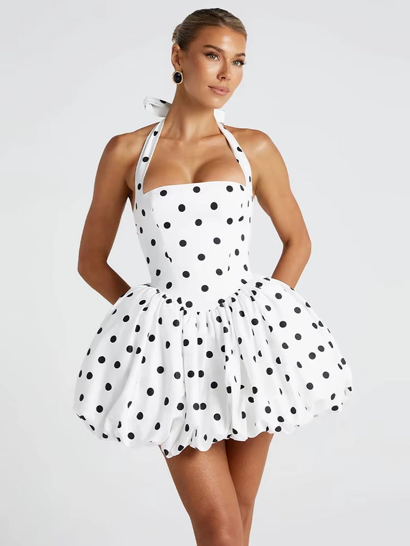 Halter Print Polka Dot Mini Dress Women Fashion Off-Shoulder Sleeveless Backless High Waist A-Line Club Party Dress