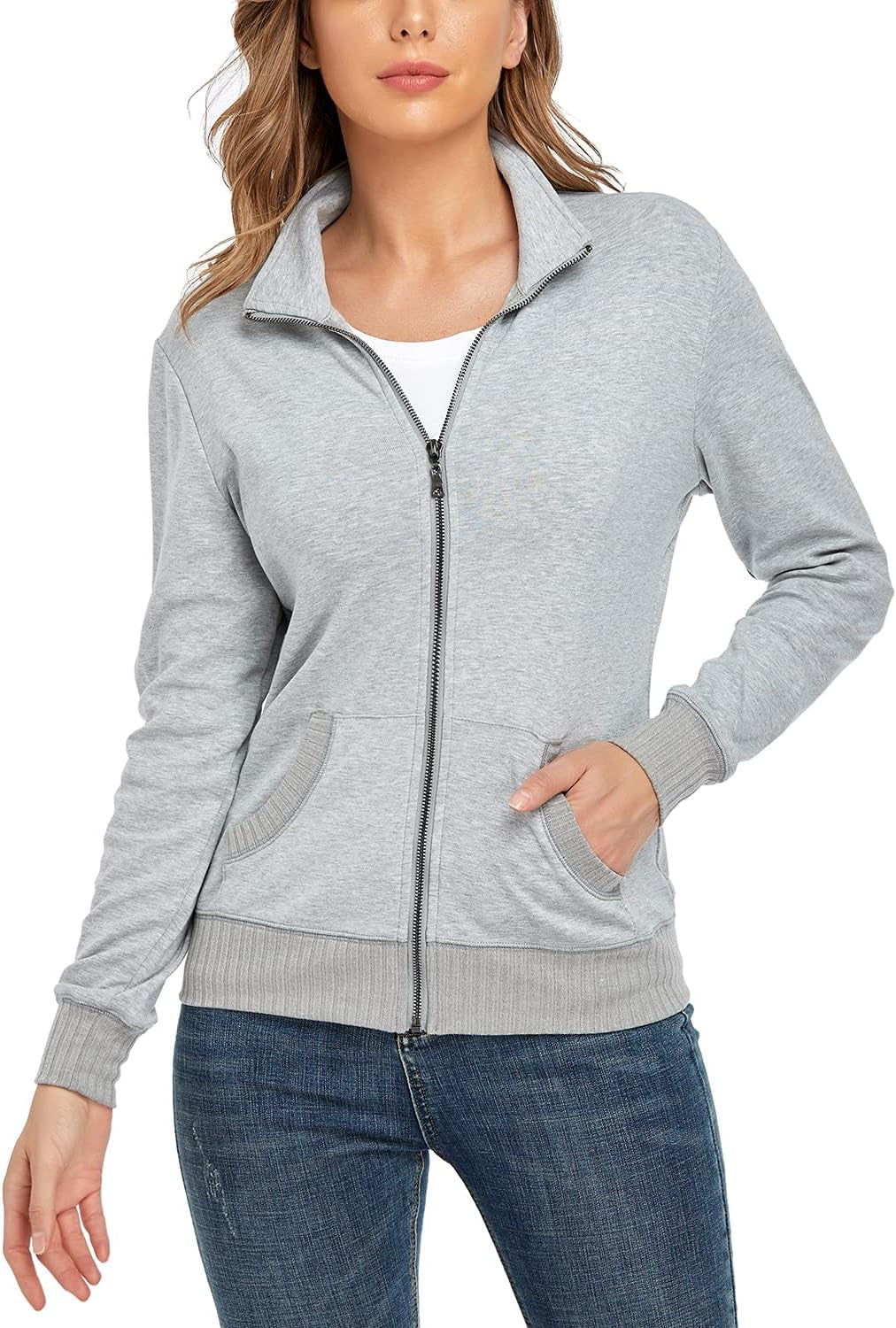 Women'S Stand Collar Zip up Long Sleeve Jacket with Pockets Running Sweatshirts Jackets