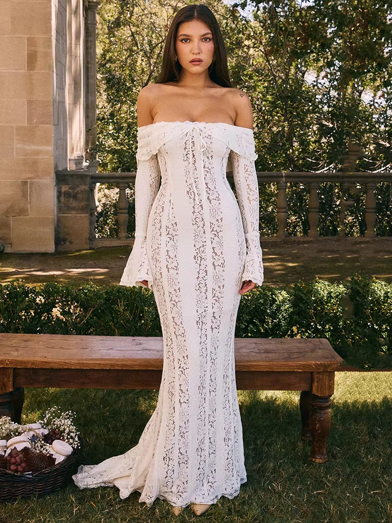 Floral Lace Off-Shoulder Maxi Dress for Women White Strapless Backless Long Sleeve Bodycon Club Party Sexy Long Dress