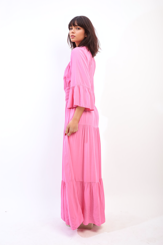 Ruffle Hem Sleeve Shirred Waist Tiered Maxi Dress-1 Ruffle Hem Sleeve Shirred Waist Tiered Maxi Dress-1