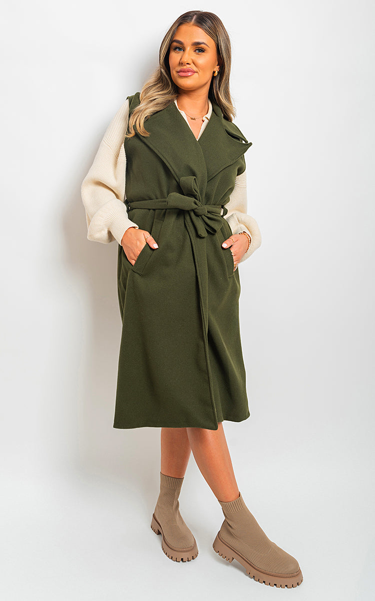 Longline Sleeveless Wide Lapel Waist Tie Jacket-2