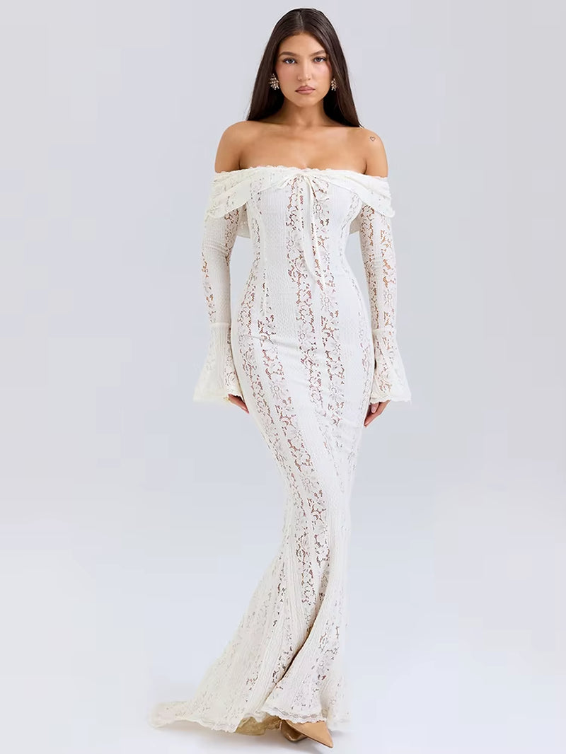 Floral Lace Off-Shoulder Maxi Dress for Women White Strapless Backless Long Sleeve Bodycon Club Party Sexy Long Dress