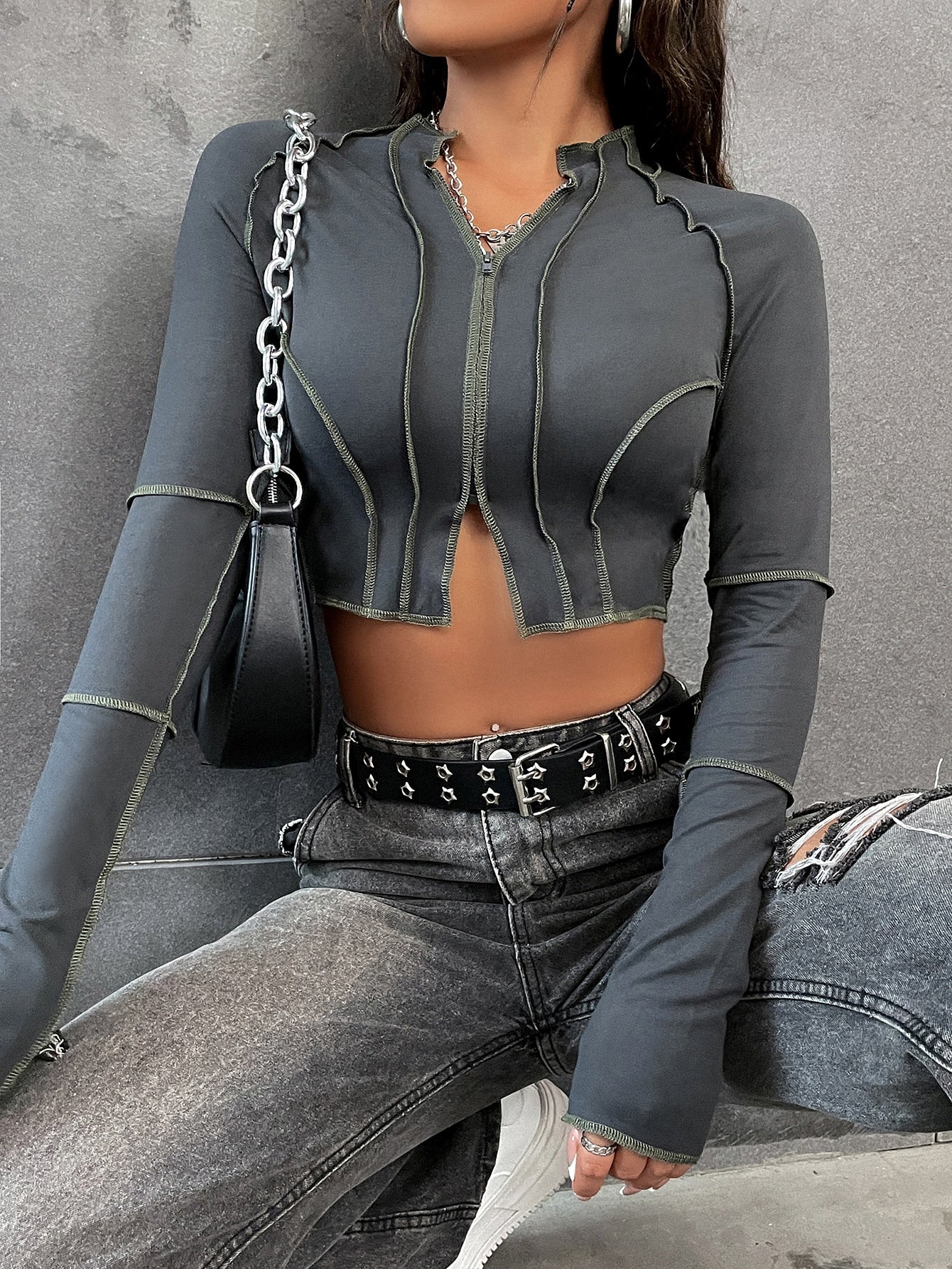 Flirla Top-Stitching Raglan Sleeve Zipper Crop Tee Fall Cloth for Women