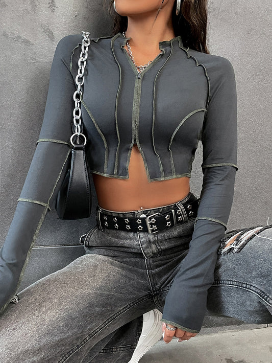 Flirla Top-Stitching Raglan Sleeve Zipper Crop Tee Fall Cloth for Women