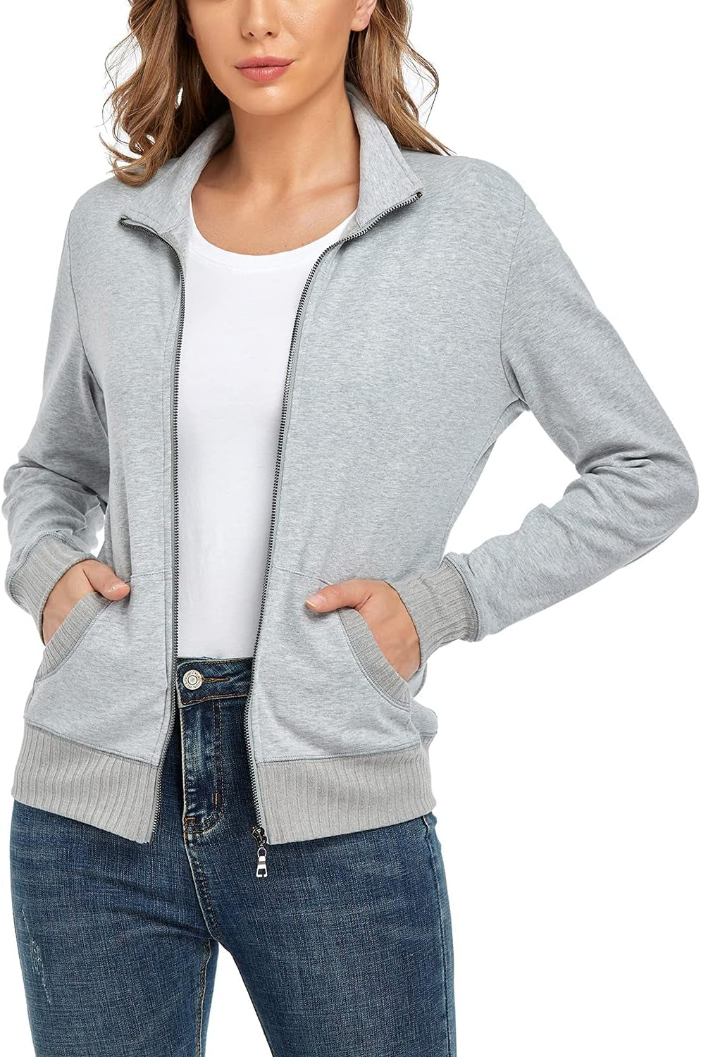 Women'S Stand Collar Zip up Long Sleeve Jacket with Pockets Running Sweatshirts Jackets