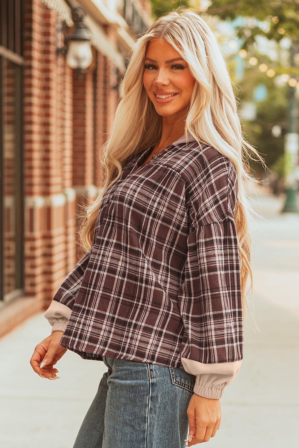 Lauren Plaid Patchwork Long Sleeve Hooded Top-2