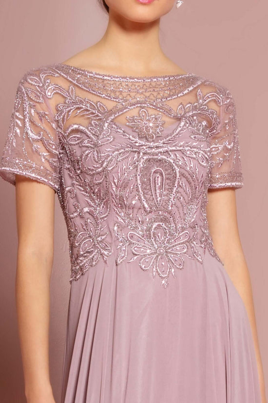 Beaded Bodice Cap Sleeve Chiffon Dress | Long Beaded Chiffon Gown