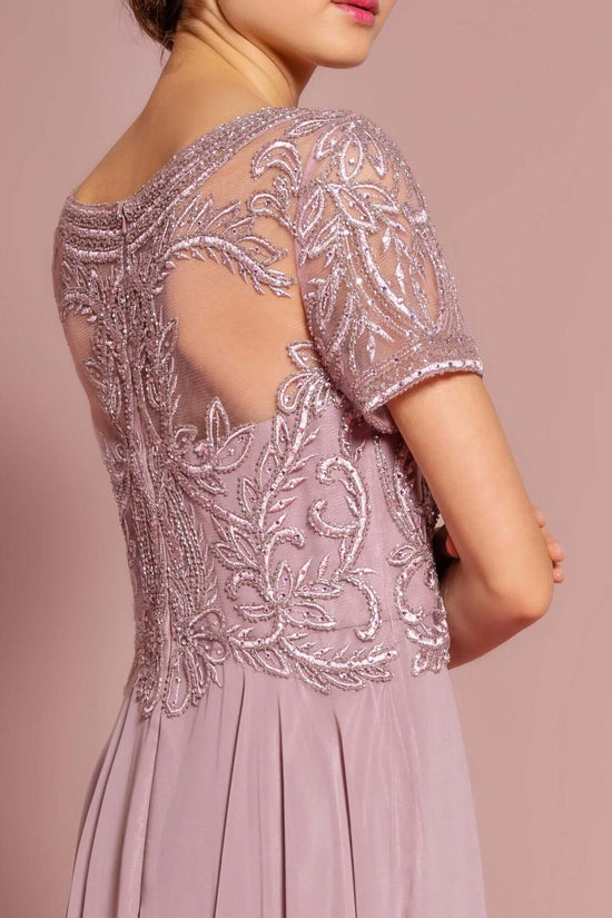 Beaded Bodice Cap Sleeve Chiffon Dress | Long Beaded Chiffon Gown