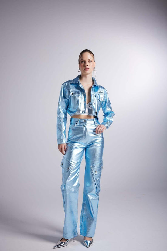 Blue Glossy Millen Cropped Jacket | Electric Blue Faux Leather Jacket