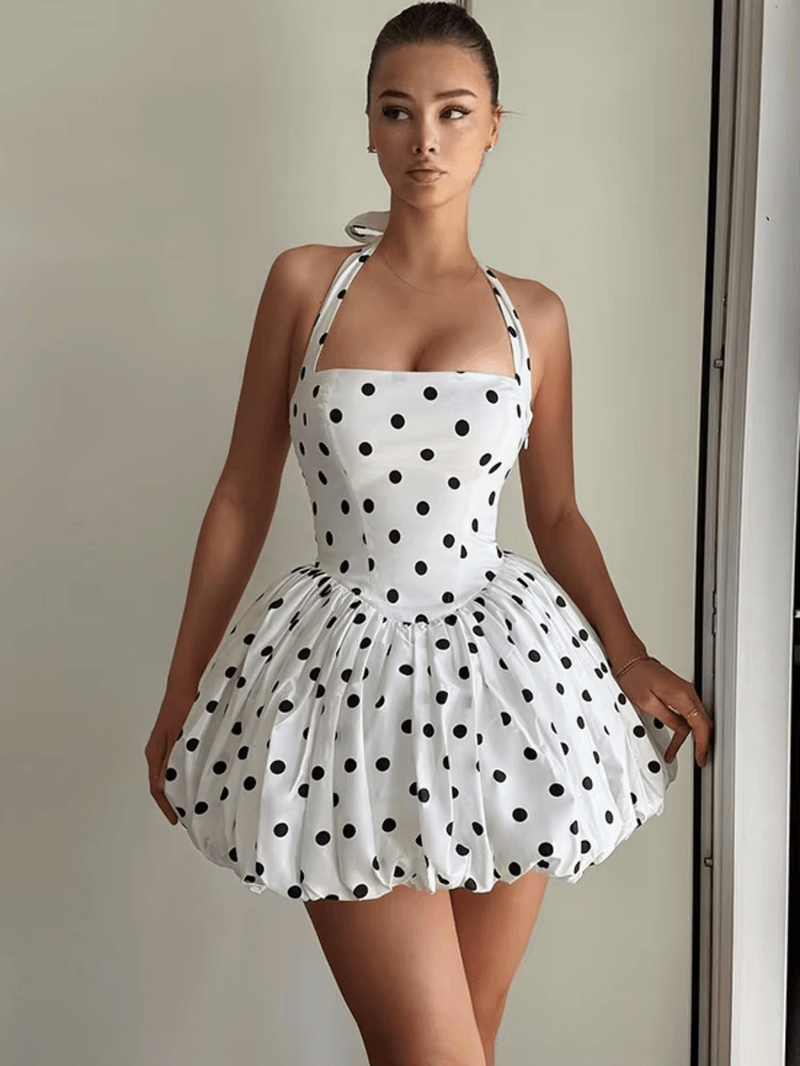 Halter Print Polka Dot Mini Dress | High Waist A-Line Club Party Dress