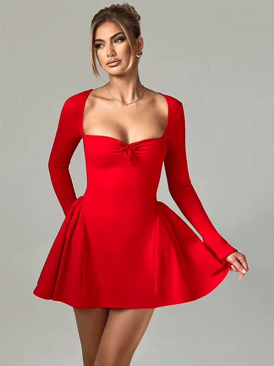 Long Sleeve A-Line Sexy Mini Dress for Women | Square Collar Pleated Dress