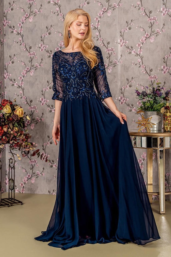 Metallic Sequin Sheer Neckline Chiffon Long Dress | Ready Sequin Gown