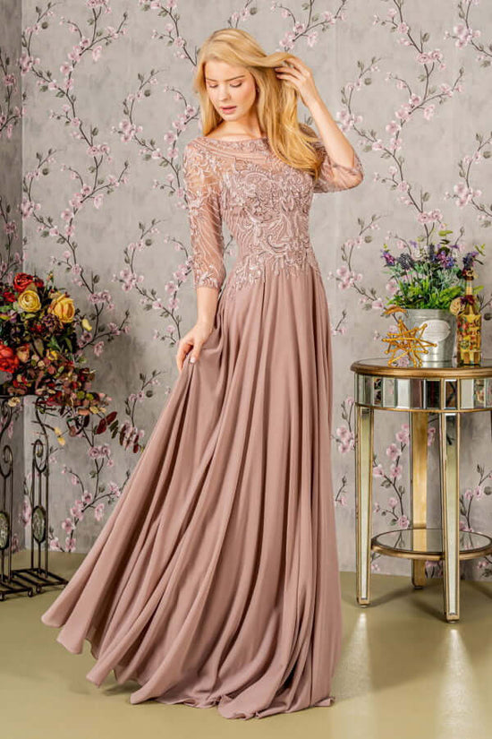 Metallic Sequin Sheer Neckline Chiffon Long Dress | Ready Sequin Gown