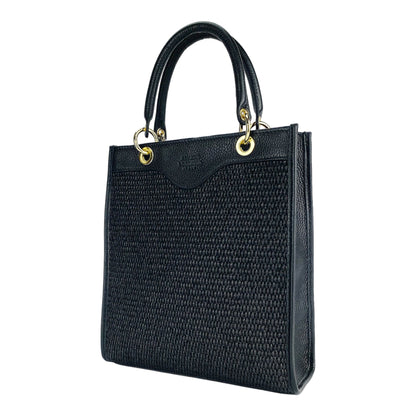 RB1026A | Women's upright hand bag in Genuine Leather and Straw Made in Italy. Removable and adjustable leather shoulder strap. Shiny Gold accessories - Black color - Dimensions: cm 24 x 29 x 9