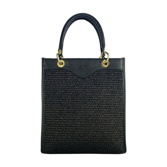 RB1026A | Women's upright hand bag in Genuine Leather and Straw Made in Italy. Removable and adjustable leather shoulder strap. Shiny Gold accessories - Black color - Dimensions: cm 24 x 29 x 9
