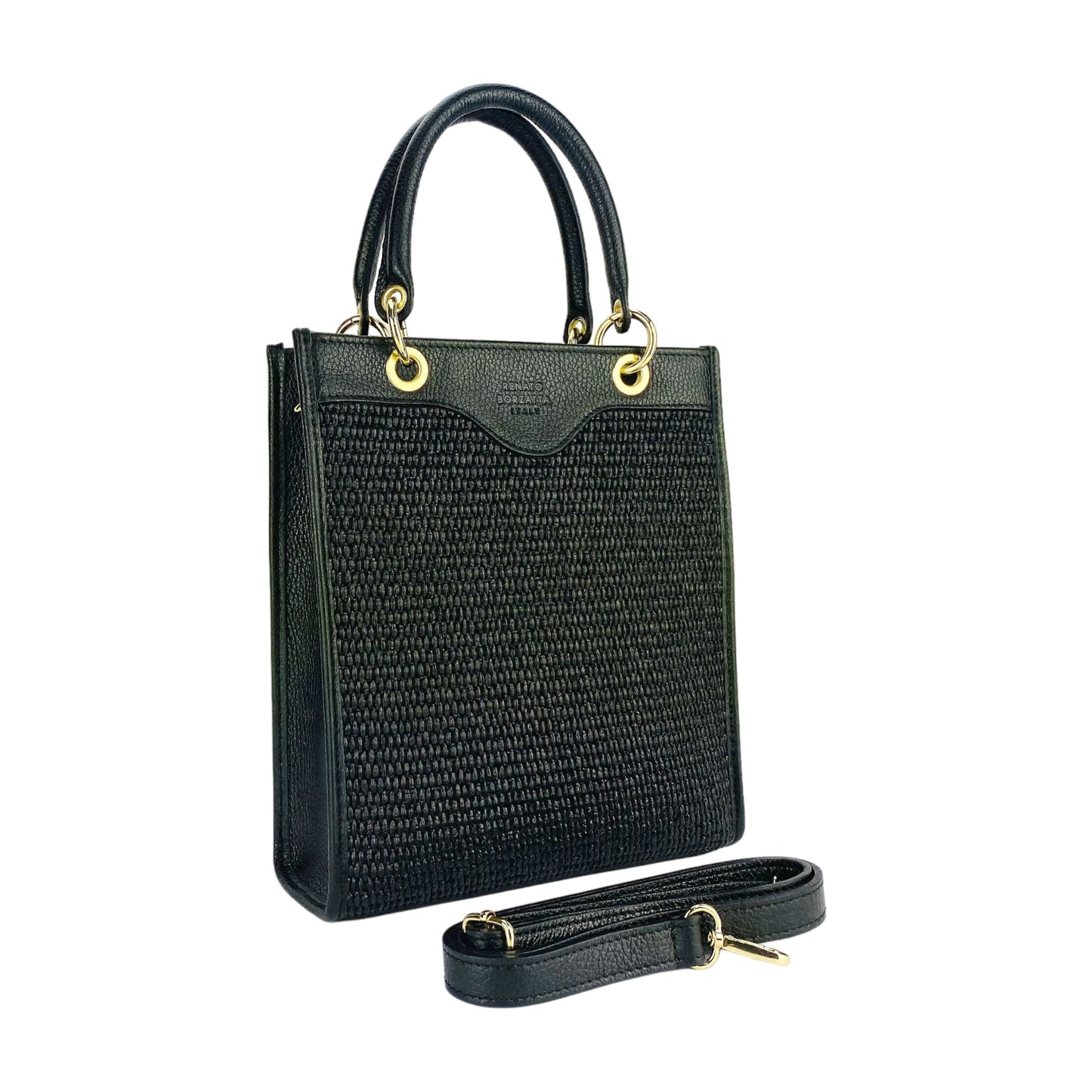 RB1026A | Women's upright hand bag in Genuine Leather and Straw Made in Italy. Removable and adjustable leather shoulder strap. Shiny Gold accessories - Black color - Dimensions: cm 24 x 29 x 9