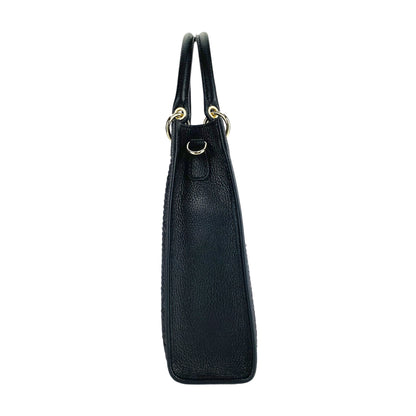 RB1026A | Women's upright hand bag in Genuine Leather and Straw Made in Italy. Removable and adjustable leather shoulder strap. Shiny Gold accessories - Black color - Dimensions: cm 24 x 29 x 9
