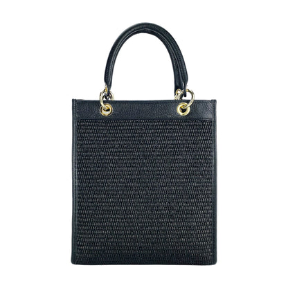 RB1026A | Women's upright hand bag in Genuine Leather and Straw Made in Italy. Removable and adjustable leather shoulder strap. Shiny Gold accessories - Black color - Dimensions: cm 24 x 29 x 9