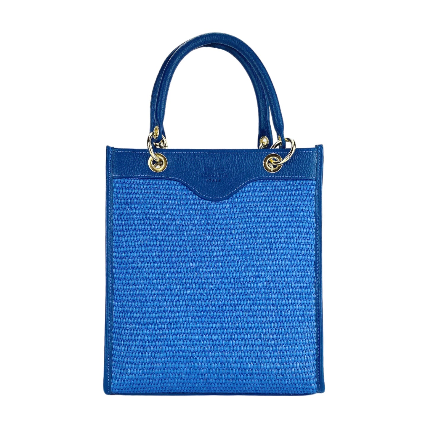 RB1026CH | Women's upright hand bag in Genuine Leather and Straw Made in Italy. Removable and adjustable leather shoulder strap. Shiny Gold hardware - Royal Blue color - Dimensions: 24 x 29 x 9 cm.
