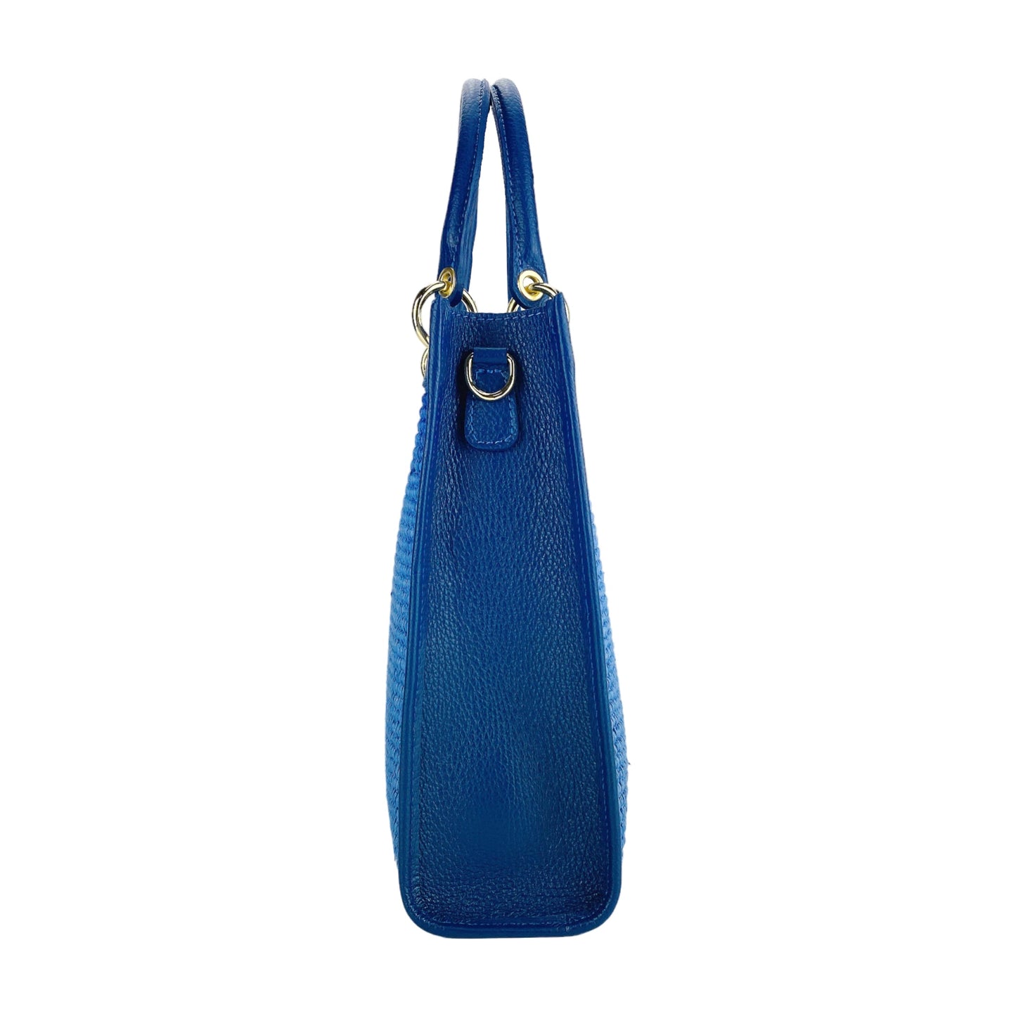 RB1026CH | Women's upright hand bag in Genuine Leather and Straw Made in Italy. Removable and adjustable leather shoulder strap. Shiny Gold hardware - Royal Blue color - Dimensions: 24 x 29 x 9 cm.
