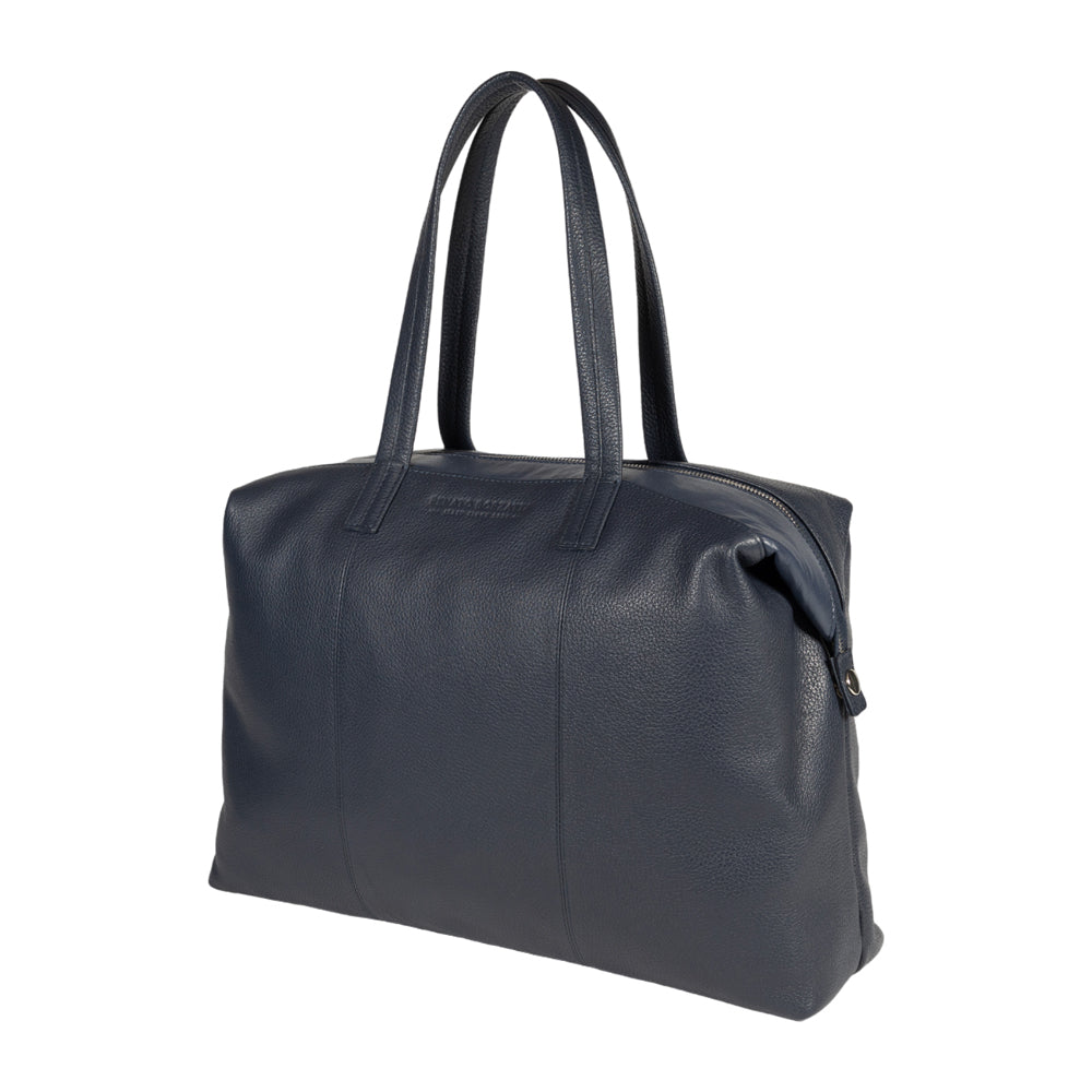 RB2004D | Shopping Bag Convertible to Trunk made of genuine full grain leather, dollar/light grain. Double handles. Blue color. Dimensions: 43 x 36 x 14 cm. Packaging: Non-Woven Fabric Bag.