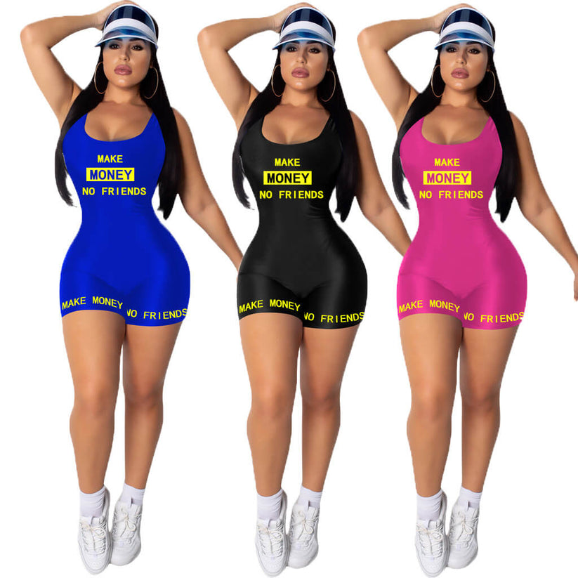 Summer Sleeveless Vest Letter Print Bodysuits | Women Sports Jumpsuit