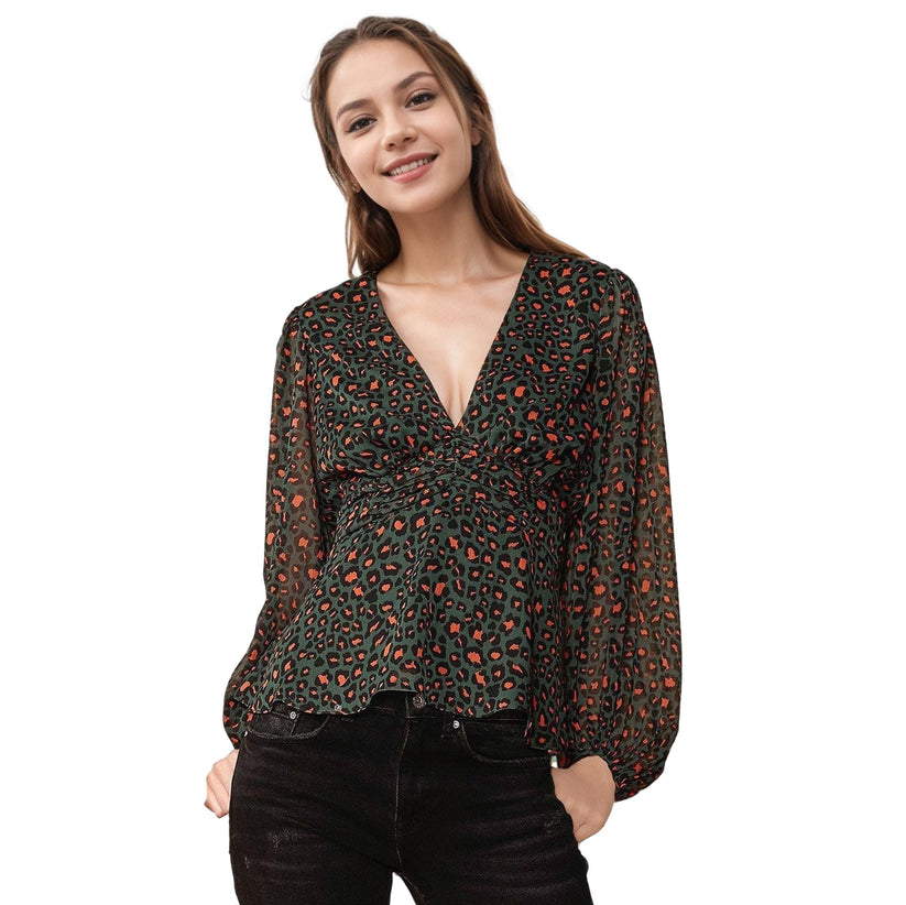 Women's V-neck Puff Sleeve Blouse in Leopard Hunt-1